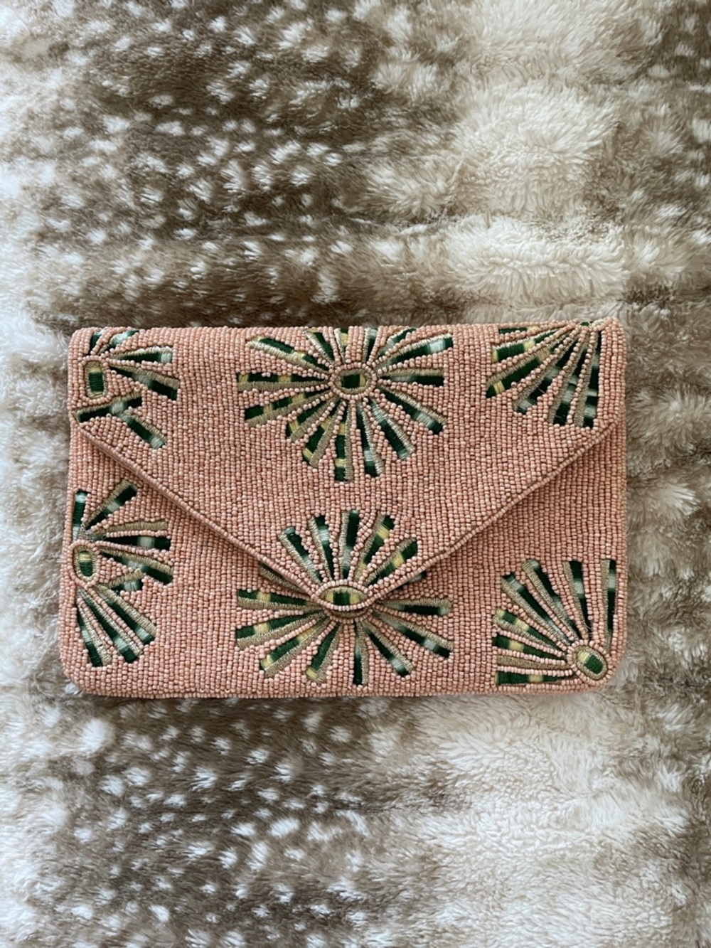 Blush Beaded Envelope Clutch with Green Sunburst Accents